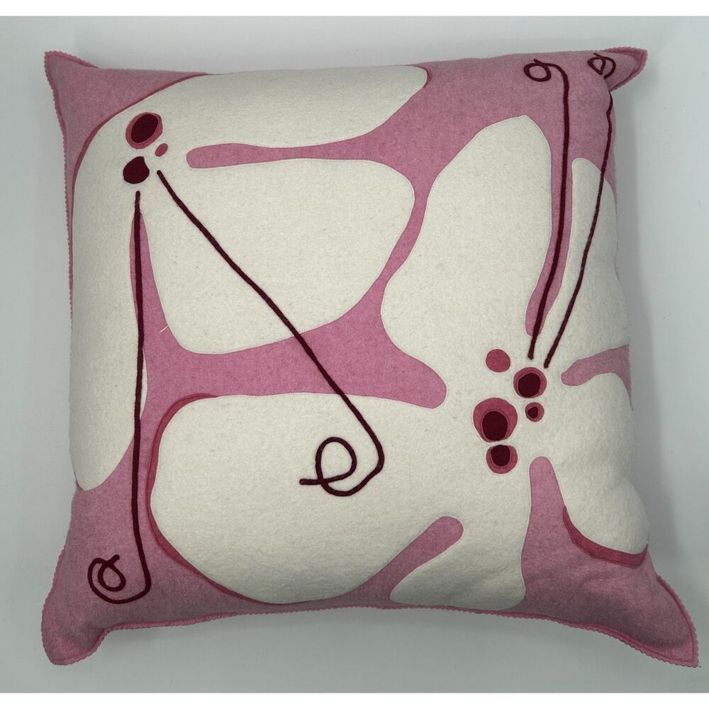 Hable Construction Wool Felt Applique Goose Filled Pillow 21x21 Pink